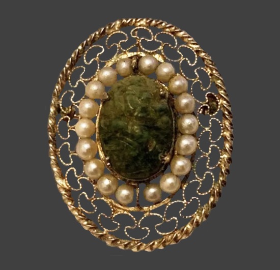12 K gold filigree frame oval brooch pendant with cultured pearls