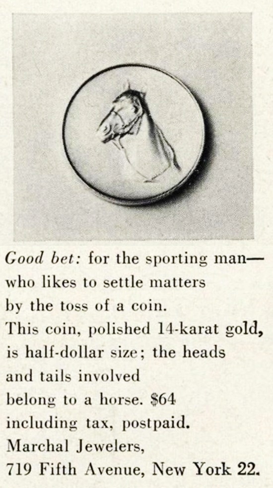 14 K gold coin with horse head image Vogue November 1955 ad