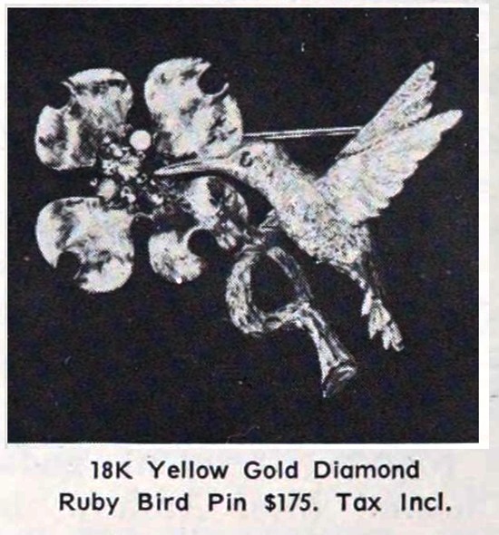 18 K yellow gold diamond ruby bird pin, Palm Beach Life December 1963 ad
