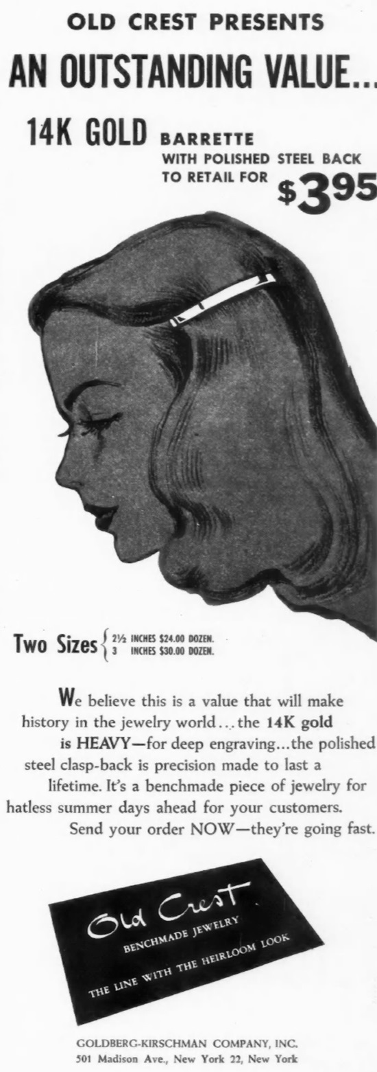 14 K gold barrette with polished steel, 1947 ad