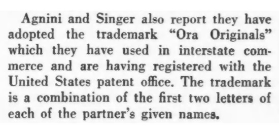 1950 Jewelers' Circular Keystone. ORA trademark is a combination of the first two letters of each of the partner's given names