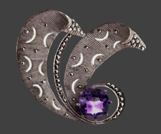 Amethyst silver marcasite brooch