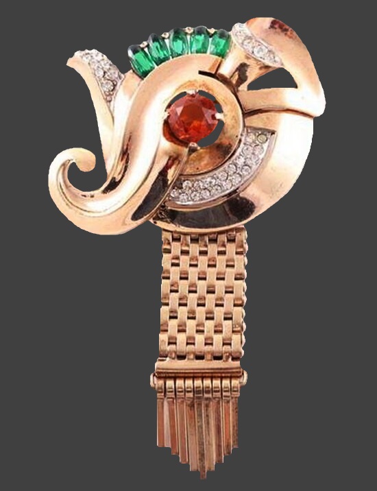 Deco gold plated pave crystal rhinestone brooch