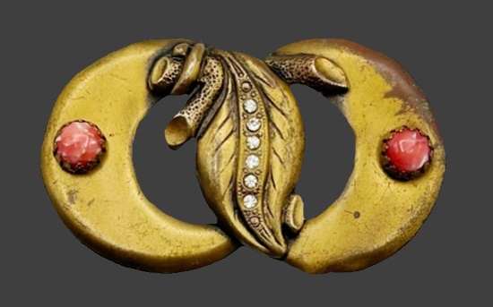 Art Deco matte gold tone brass rhinestone brooch