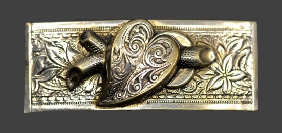 Art Nouveau Rectangle shape Heart floral and scroll motifs brass brooch