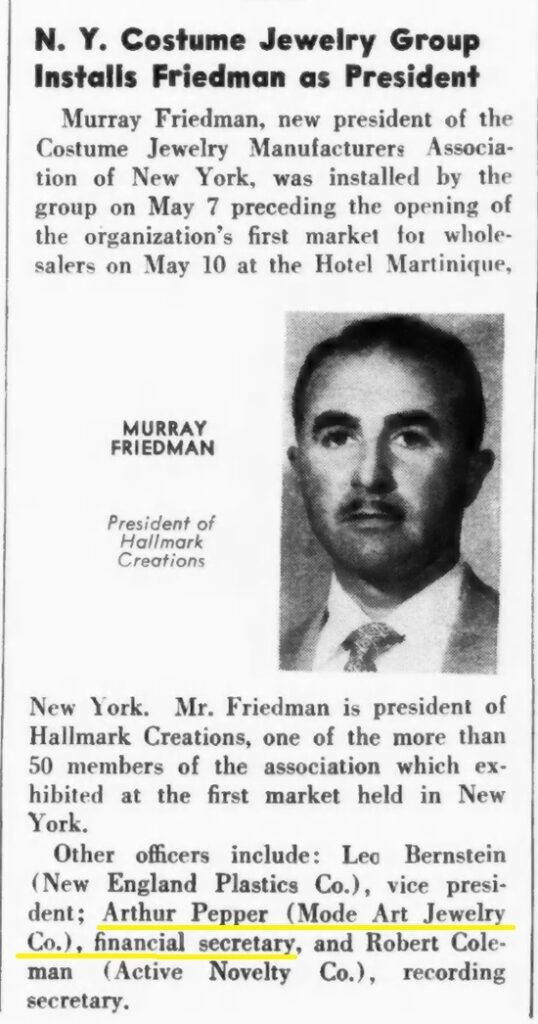 Arthur Pepper, member of the Costume Jewelry Manufacturers Association of New York, mentioned in 1953 Jewelers' Circular Keystone