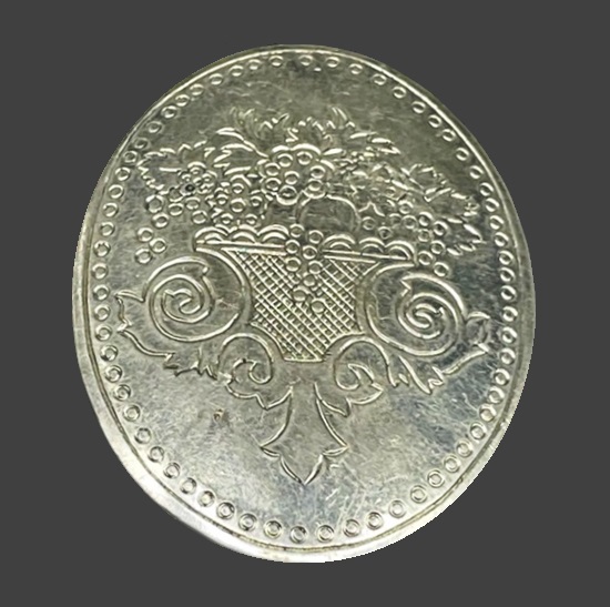 Berry and flower basket etched pewter brooch pin