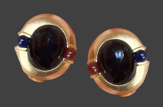 Black glass gold tone clip earrings