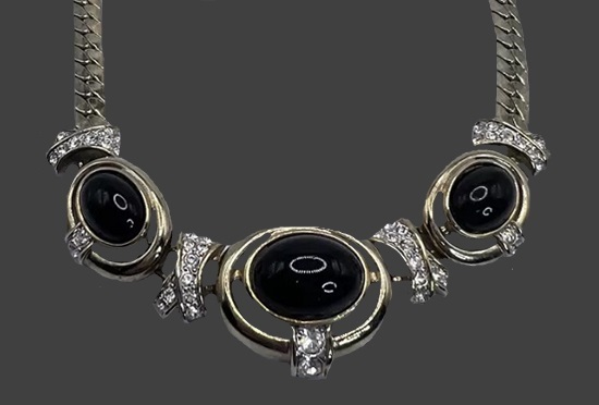 Black glass rhinestones gold tone necklace