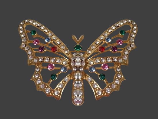 Butterfly gold tone rhinestone brooch pin