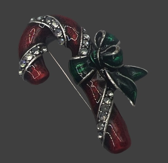 Christmas Candy Cane enameled rhinestone brooch pin