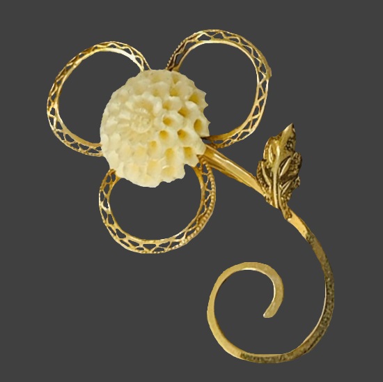 Carved ivory flower 12 K gold filled brooch pin
