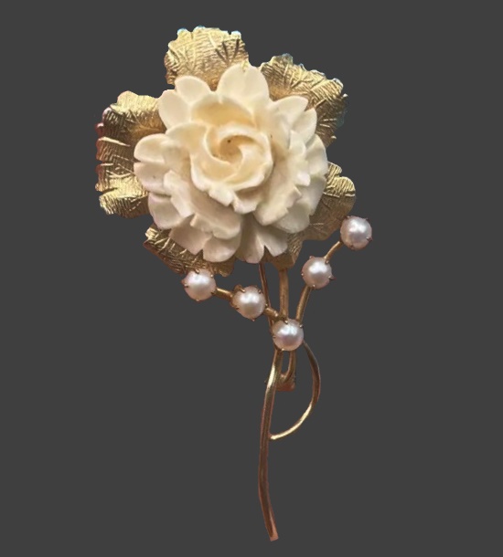 Carved shell rose flower 12 K gold filled faux pearl brooch