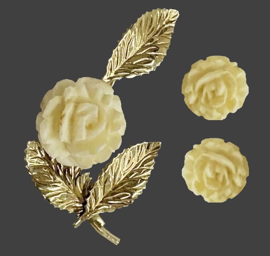 Carved shell rose flower 14 K gold filled brooch and earrings