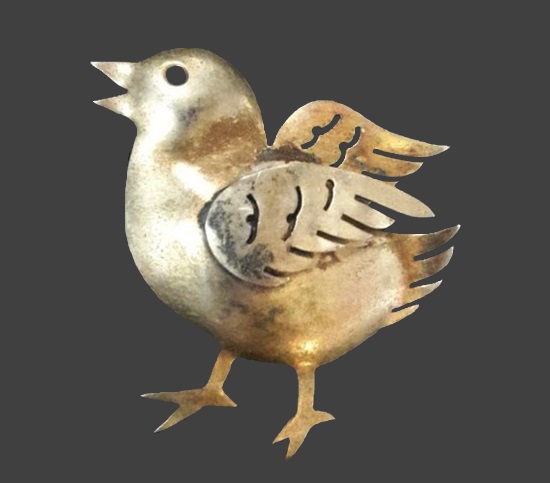 Chicken 925 sterling silver gilded pin, 1940s