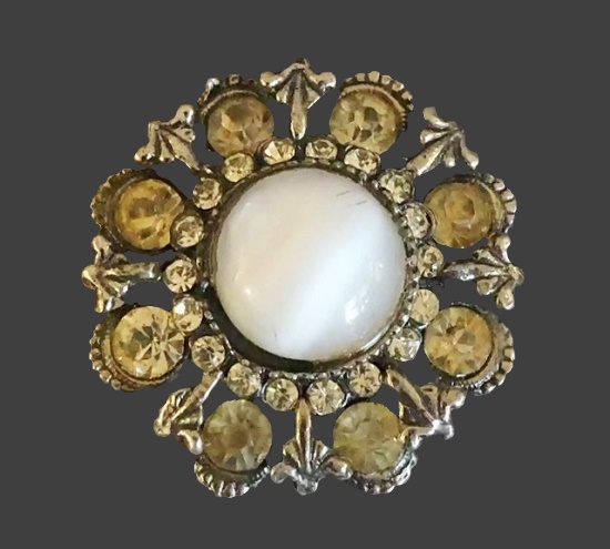 Citrine color rhinestone moonstone center floral design brooch