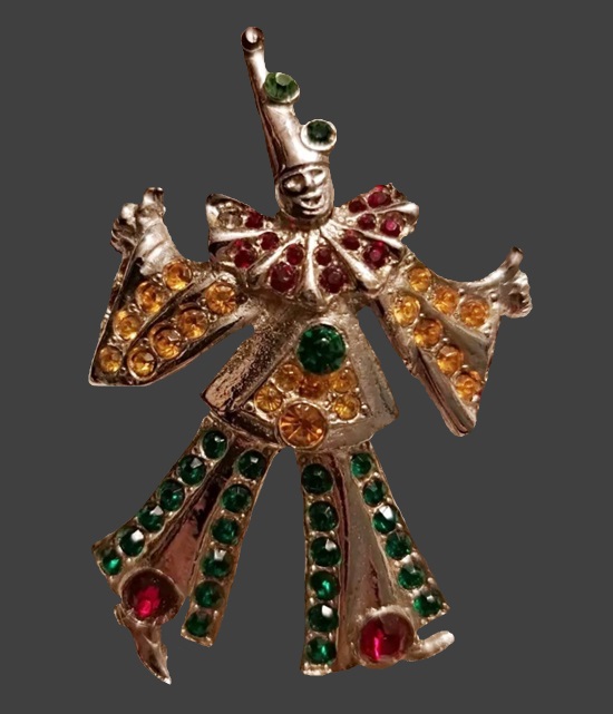 Clown gold tone rhinestone brooch