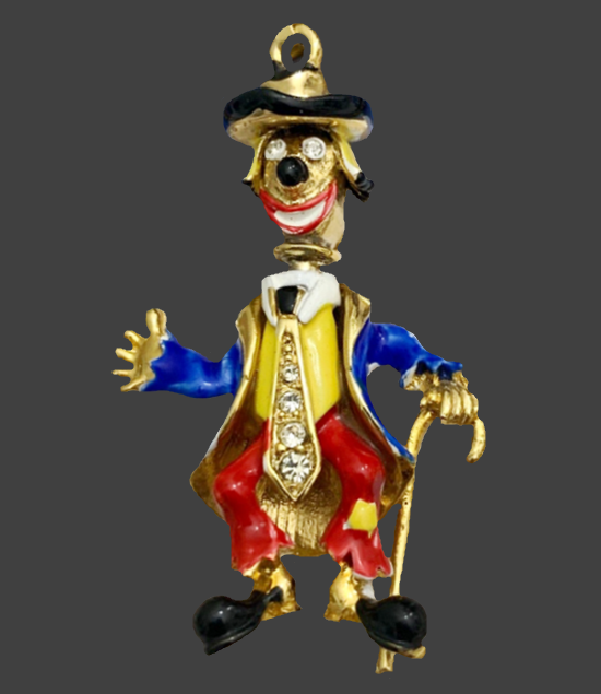 Clown pendant. Multicolor enamel, gold tone, rhinestones