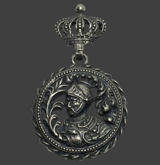 Crown and Medieval Knight dangle brooch pin. 1930-40s