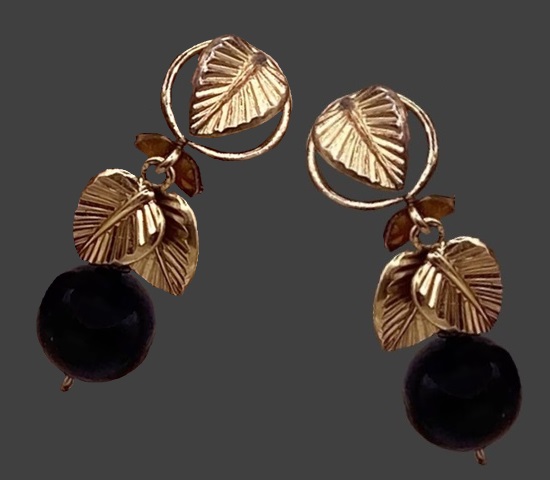 Dangle drop gold filled black glass earrings