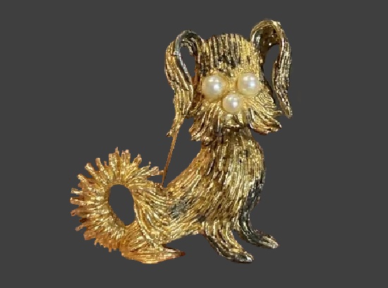 Dog sterling silver vermeil faux pearl eyes brooch pin
