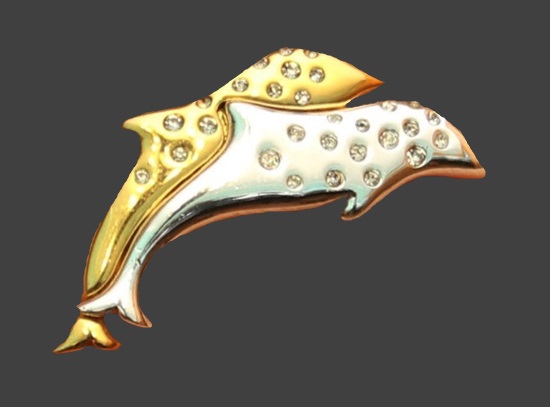 Dolphins silver gold tone rhinestone brooch pin, 4.5 cm, 1980s