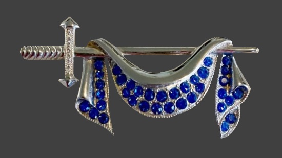 Draped Sword silver tone blue rhinestones brooch