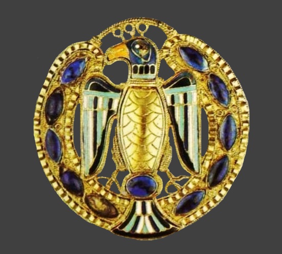 Eagle gilded silver glass cabochons enamel clasp, 1910s