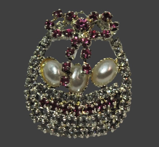 Easter Basket rhinestone lapel pin with faux pearl eggs