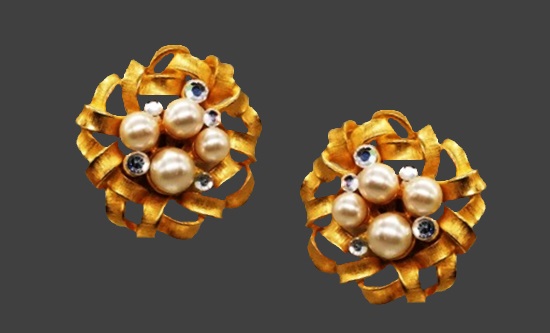 Faux pearl rhinestone gold tone clip-on earrings