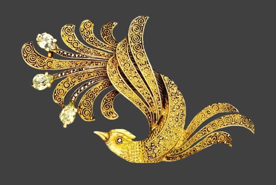 Firebird silver, marcasite, glass brooch, 1940s