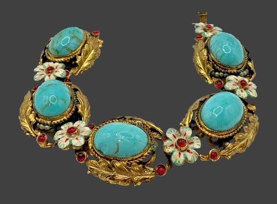 Floral design Turquoise cabochons gold tone art glass enamel bracelet