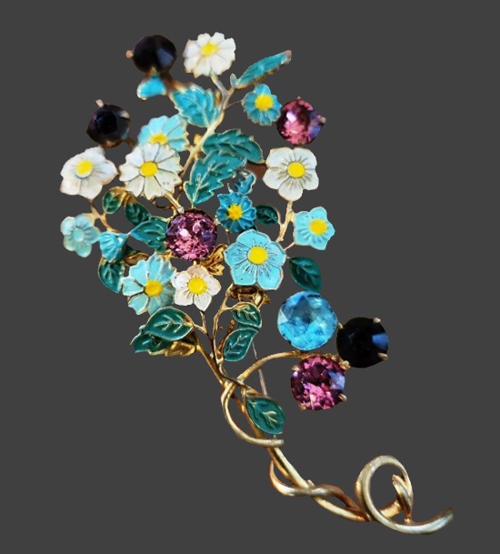 Flower bouquet enameled gold tone brooch
