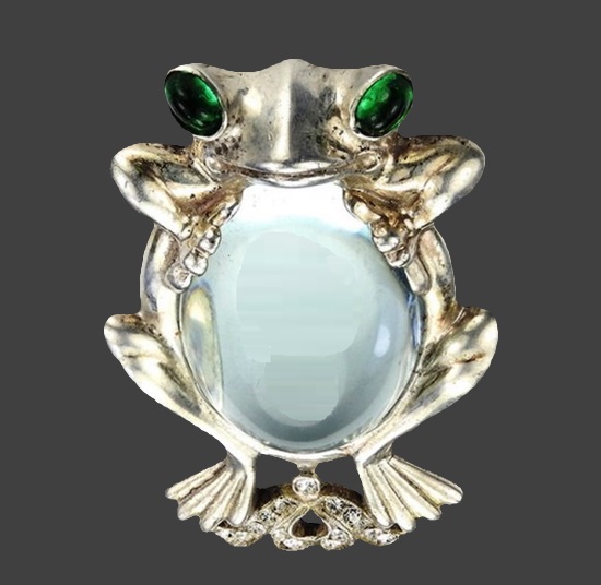 Frog sterling silver art glass crystal brooch, 1945