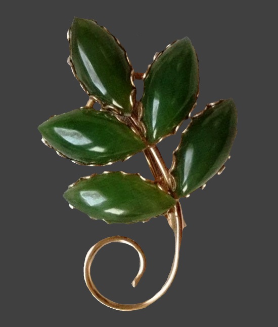 Genuine jade leafy plant gold filled brooch pin