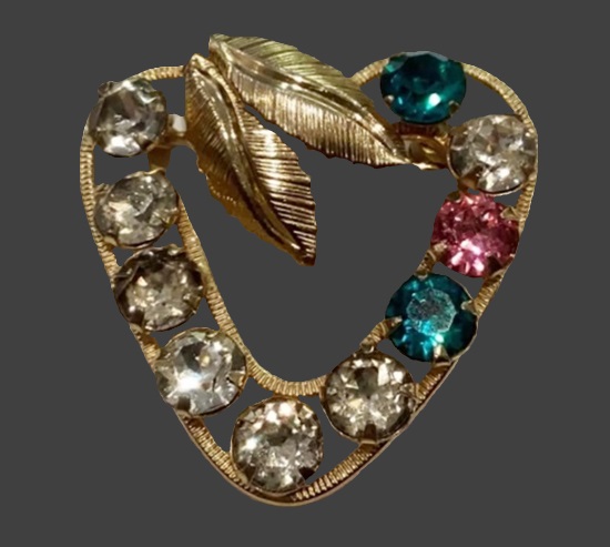 Heart and leaves design 12 K gold filled multicolor rhinestones brooch pin. 1960s