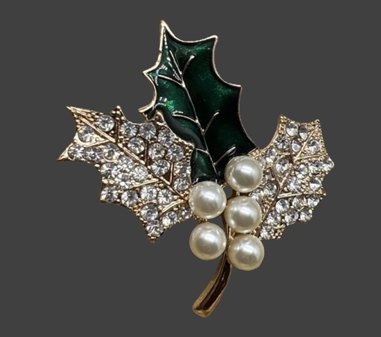 Holy branch pave rhinestone green enamel faux pearl gold tone brooch pin