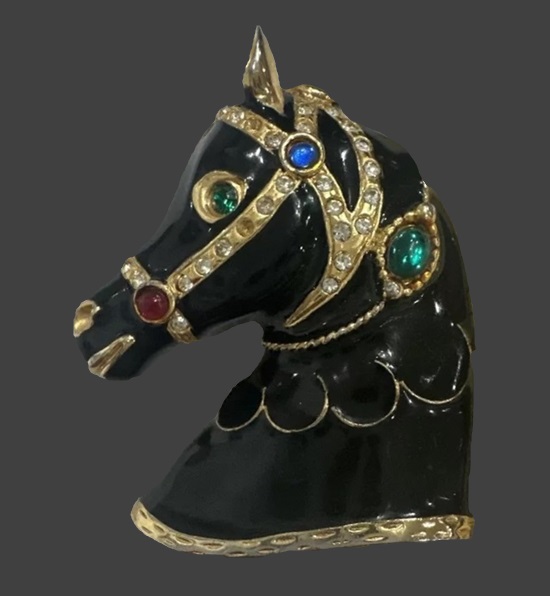 Horse head black enamel rhinestone gold tone brooch