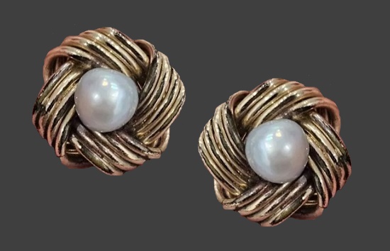 Knot design gold filled faux pearl clip-on earrings