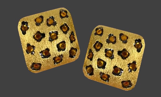Leopard design square shaped gold tone clip on earrings