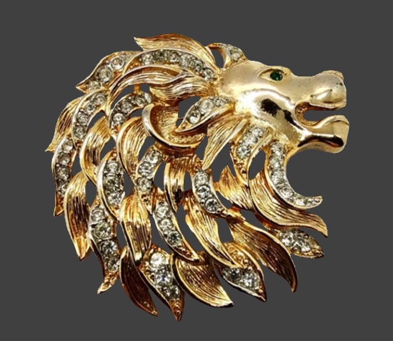 Lion's head gold tone rhinestone brooch