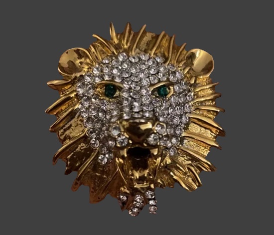 Lion's head gold tone rhinestone brooch