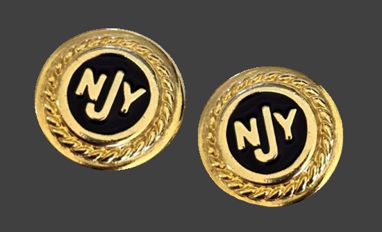 Logo round button design gold tone black enamel clip-on earrings