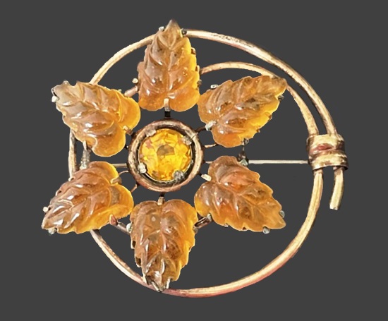 Lucite leaves rhinestone gold tone circle brooch pin