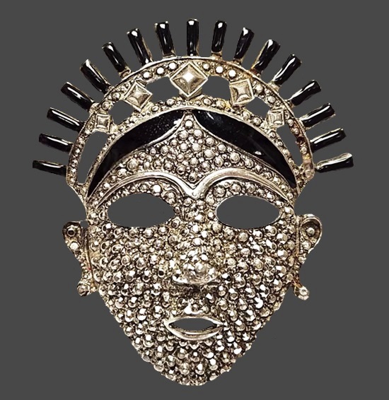 Mask face black enamel textured gold tone brooch