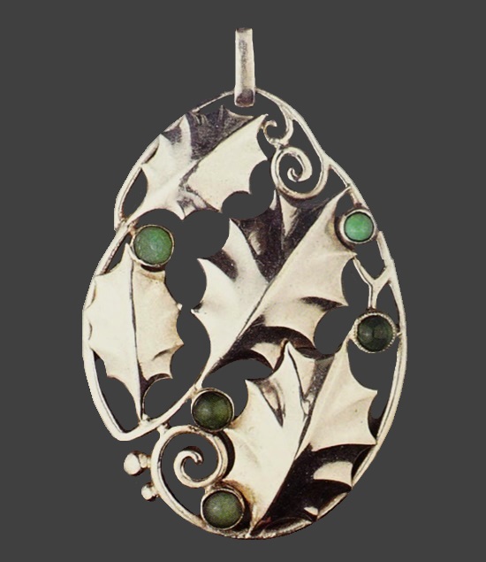 Oak leaf design silver pendant with chrysoprase, amazonite, circa 1914