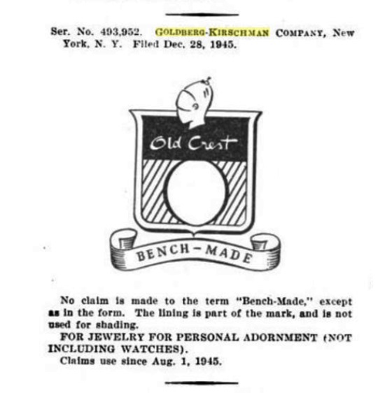Old Crest trademark by Goldberg Kirschman, 1945