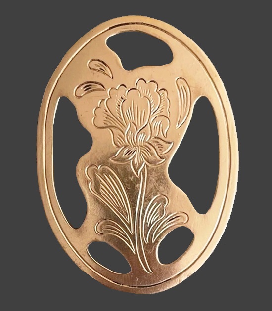 Oval shape etched poppy flower pewter brooch pin