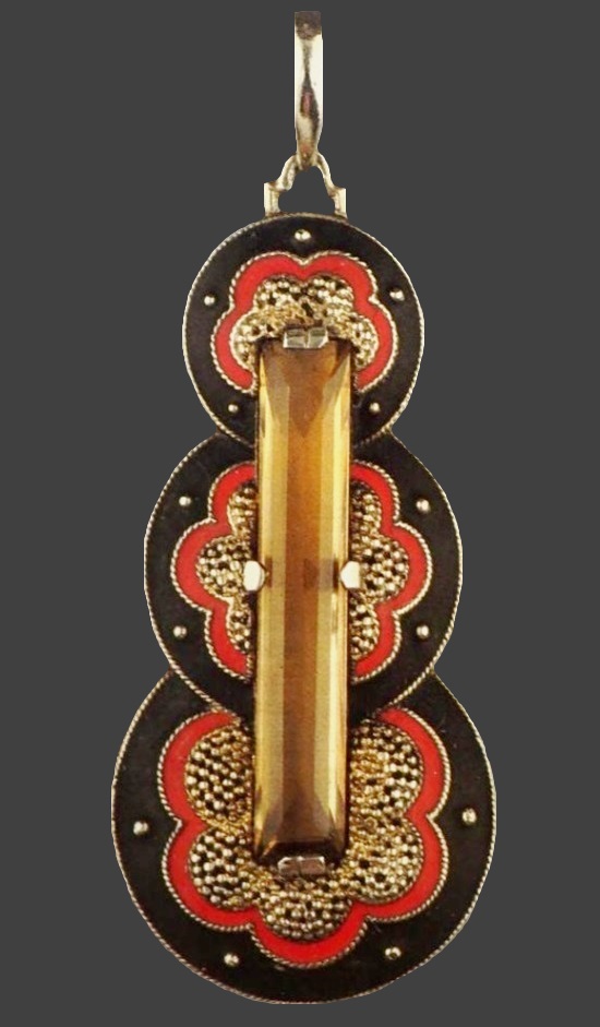 Red and black enamel, smoky quartz silver pendant, 1920s