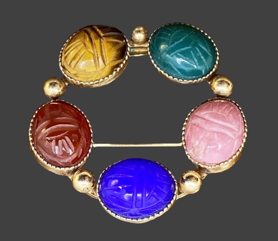 Scarab natural multicolor stones 12 K gold filled circle pin brooch